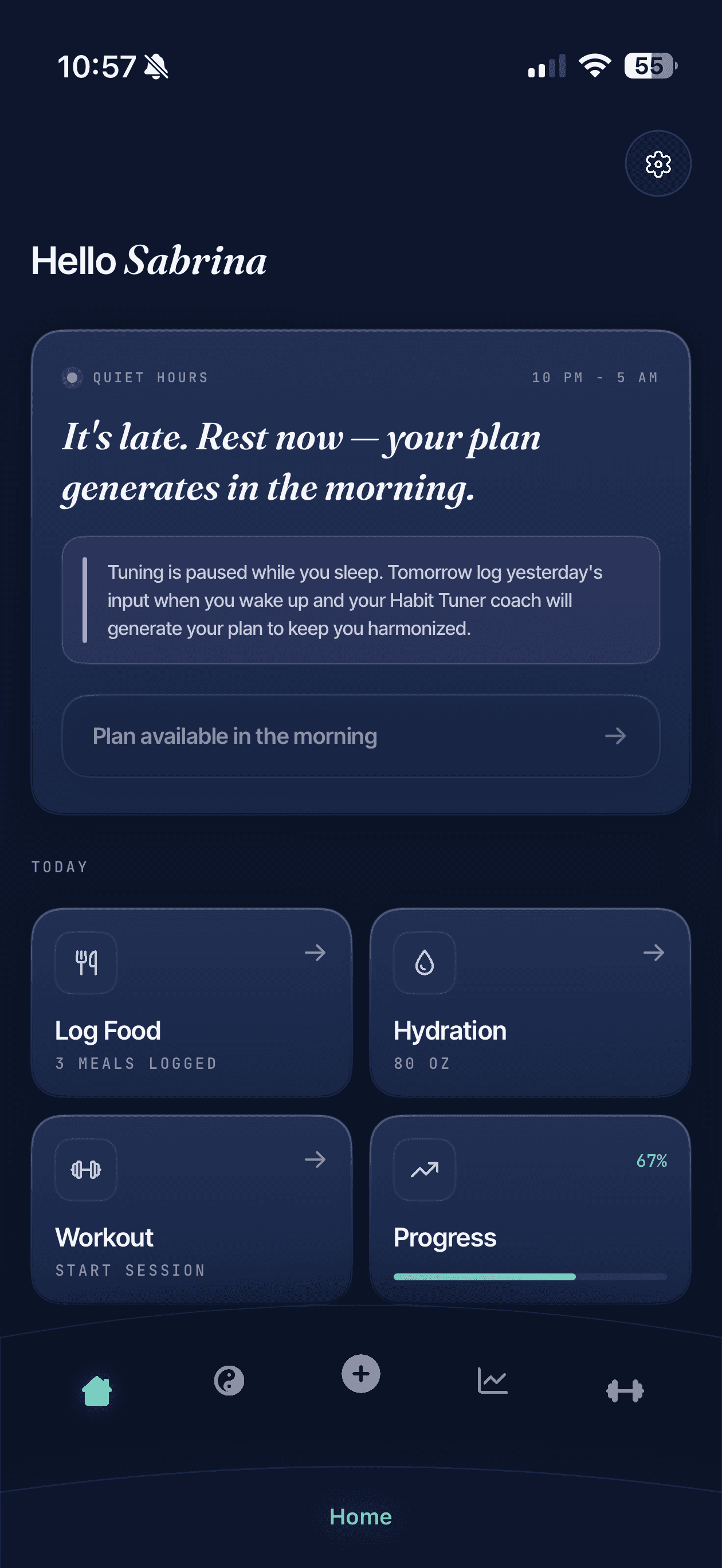 Habit Tuner in dark mode showing Quiet Hours — tuning paused for the night