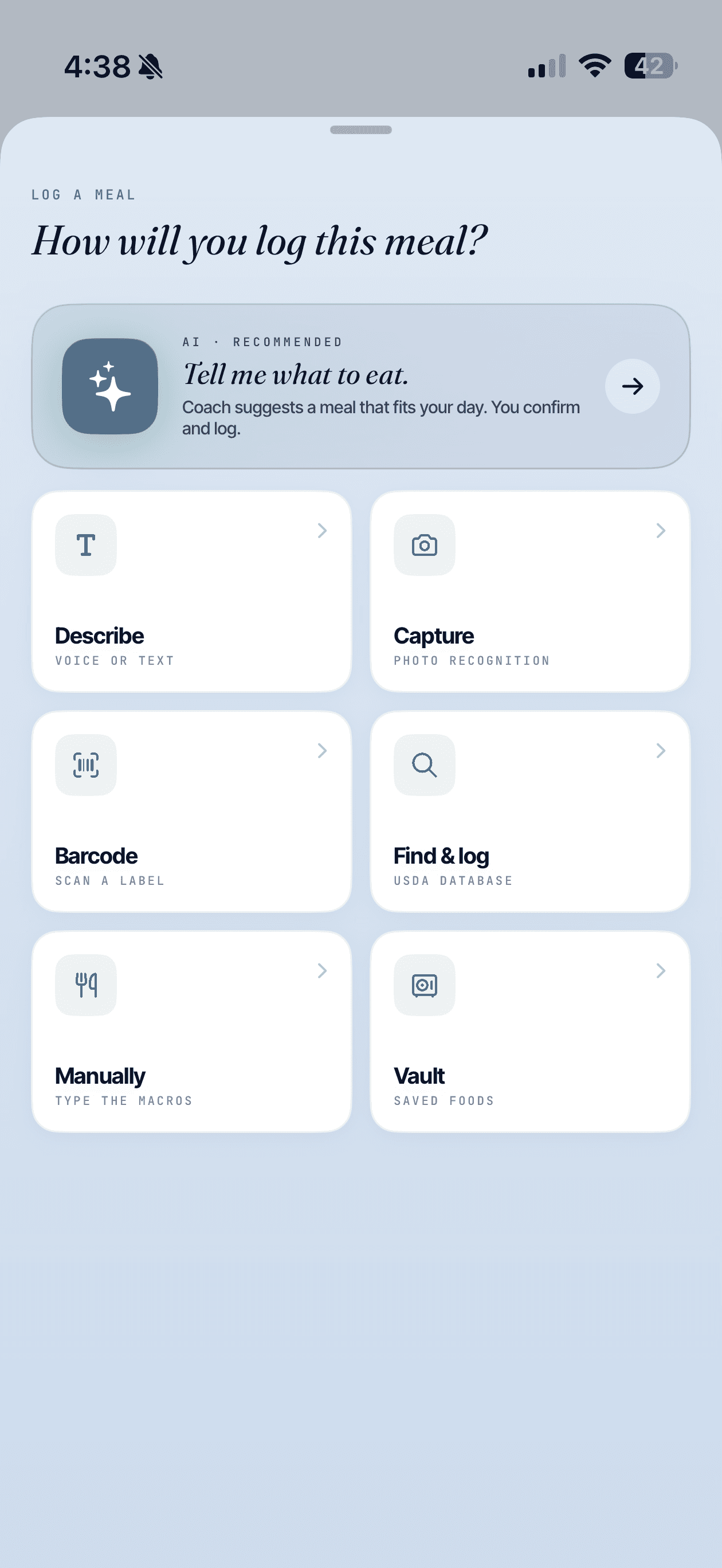 Habit Tuner meal logging screen showing capture options