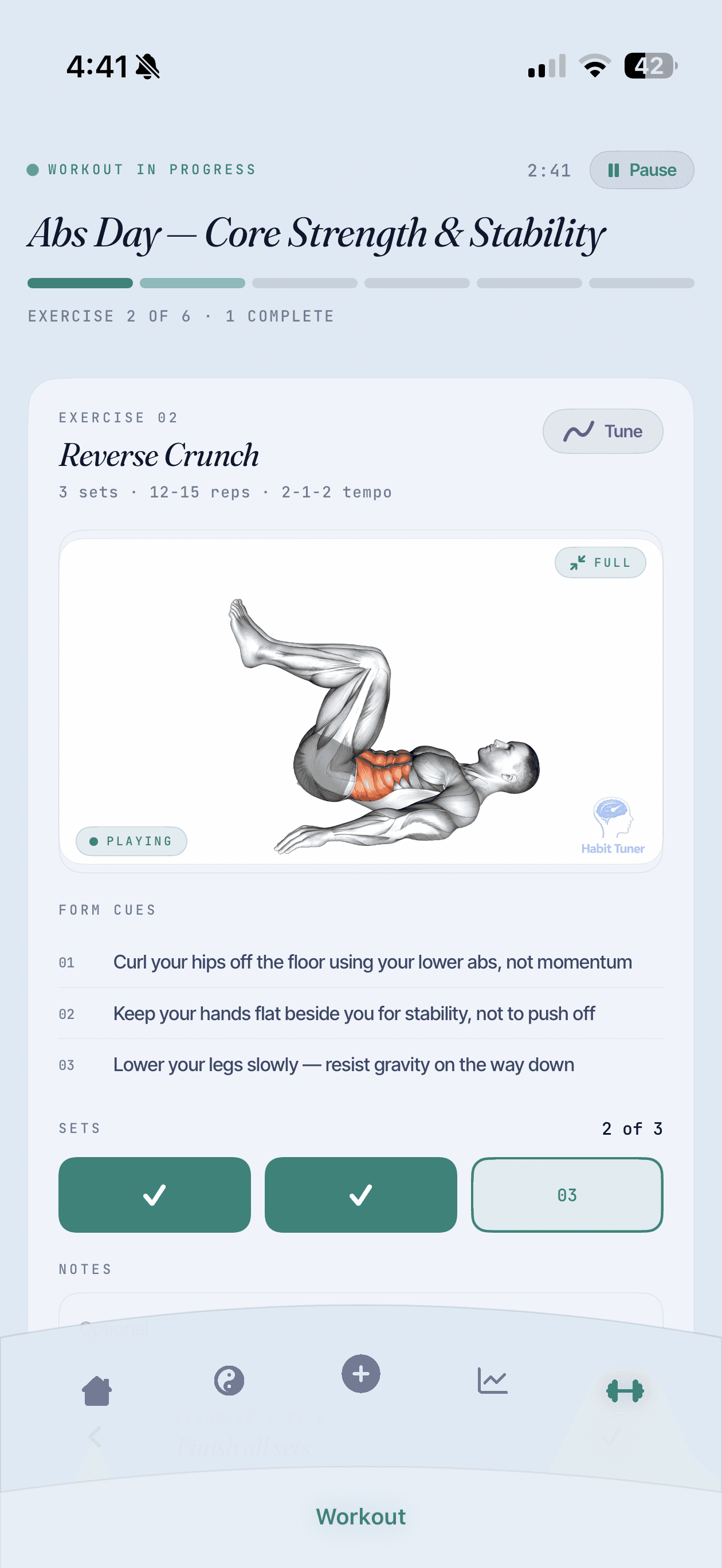 Habit Tuner Workout screen with exercise video and form cues